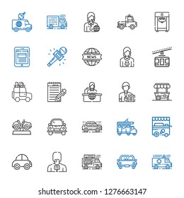 van icons set. Collection of van with ambulance, car, food truck, news reporter, ice cream cart, trailer, food stand, journalist, news report. Editable and scalable van icons.