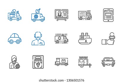 van icons set. Collection of van with car, mail truck, ice cream machine, news reporter, ship, ambulance, news report, truck, ice cream truck. Editable and scalable van icons.