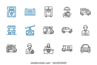 van icons set. Collection of van with car, mail truck, news report, news reporter, food truck, ambulance, cable car, food stand, delivery truck. Editable and scalable van icons.