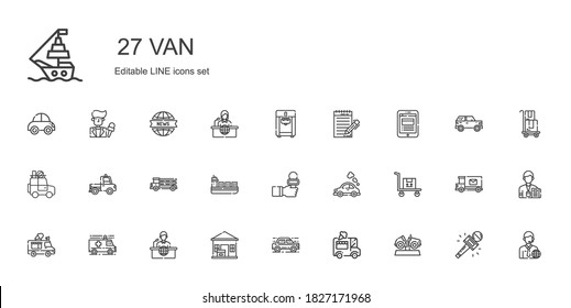 van icons set. Collection of van with car, ice cream car, package delivered, news report, ambulance, ice cream truck, transportation, vehicle. Editable and scalable van icons.