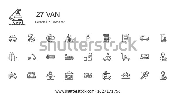 van icons set.\
Collection of van with car, ice cream car, package delivered, news\
report, ambulance, ice cream truck, transportation, vehicle.\
Editable and scalable van\
icons.