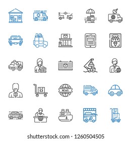 van icons set. Collection of van with delivery, ice cream cart, ship, news report, car, delivery truck, transportation, news reporter, cargo. Editable and scalable van icons.
