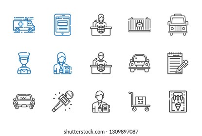 van icons set. Collection of van with ice cream machine, transportation, journalist, car, news report, postman, cargo, ambulance. Editable and scalable van icons.