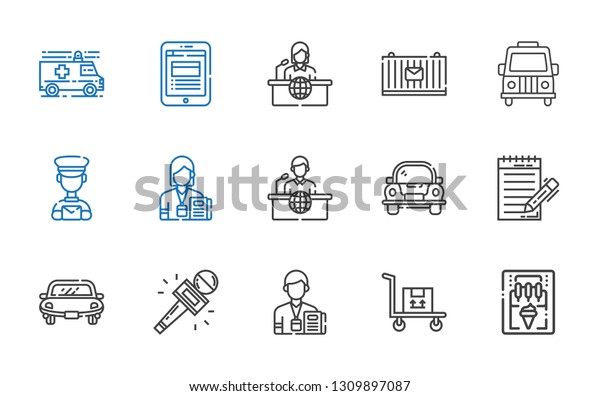 van icons\
set. Collection of van with ice cream machine, transportation,\
journalist, car, news report, postman, cargo, ambulance. Editable\
and scalable van icons.