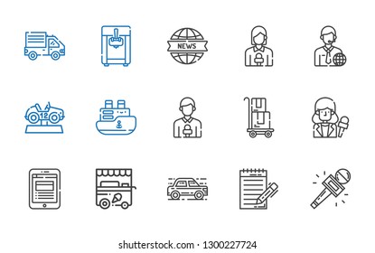 van icons set. Collection of van with journalist, car, ice cream cart, news report, news reporter, delivery, ship, ice cream machine, delivery truck. Editable and scalable van icons.