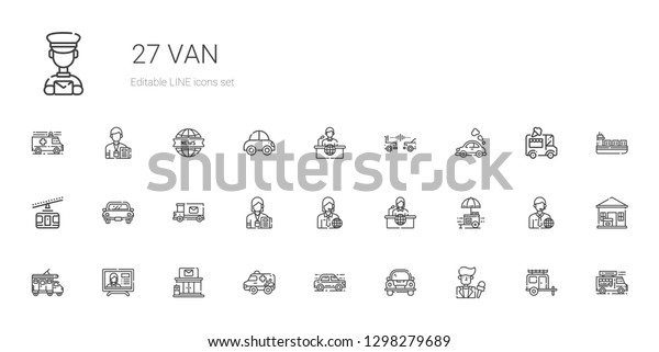 van\
icons set. Collection of van with news reporter, car, ambulance,\
post office, news report, trailer, food stall, journalist, mail\
truck, cable car. Editable and scalable van\
icons.