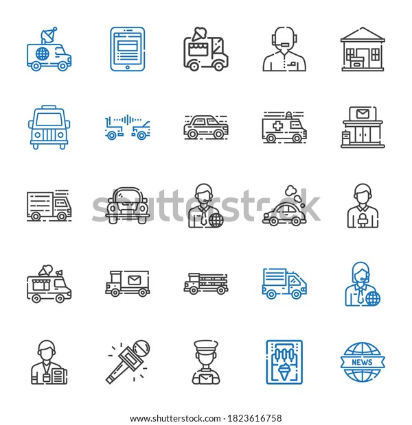 van icons set. Collection of van with news report,\
ice cream machine, postman, journalist, news reporter, delivery\
truck, truck, mail truck, ice cream truck. Editable and scalable\
van icons.
