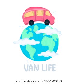 Van life concept. Campervan circling planet. Traveling across world. Earth in clouds. Red camper in movement. Lifestyle. Design for poster, sticker, banner, postcard, brochure, cover. Vector, eps10