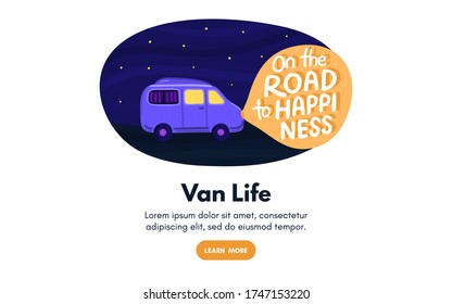 Van life concept. Night sky with stars. Campervan rides along road. In light of headlights there is lettering. Purple camper in movement. Design for landing page, banner, brochure, cover. Vector