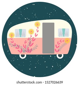 Van life cute camper with flowers decor. Round sticker in flat cartoon style. Symbol of free travel. Camper tourism. Adventure label. Vector illustration.