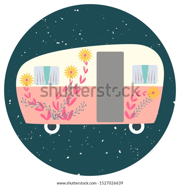 Van life cute camper with flowers\
decor. Round sticker in flat cartoon style. Symbol of free travel.\
Camper tourism. Adventure label. Vector\
illustration.