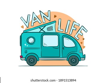 Van Life emblem. Hand-drawn minivan with lifting roof. Motorhome against the background of the rising sun. Retro Vector illustration on the theme of travel, caravanning, camping, hiking and motorhomes