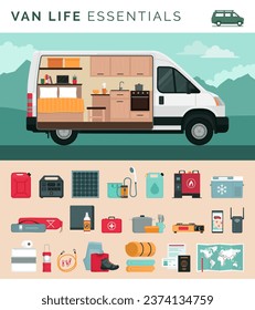 Concepto de Van Life essentials infografía y van interior, viajes y estilo de vida