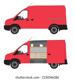 Van Life Flat Vector Illustration Featuring Incognito Van And Open Living Space Van. 