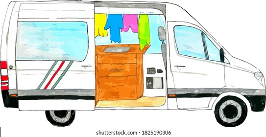 Van Life. Hand Drawn Open White Van With Furniture Inside. Illustration.