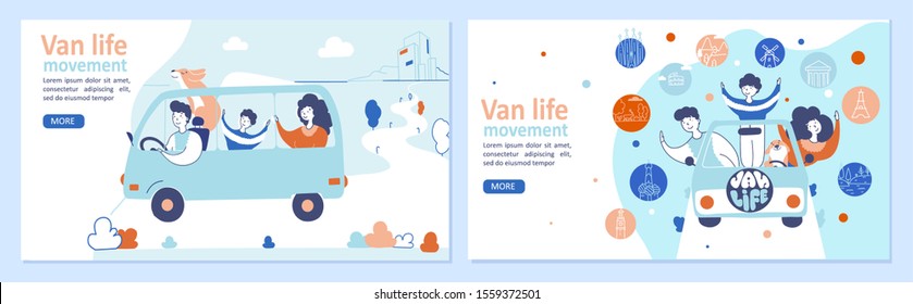 Van life movement hand drawn landing page templates set