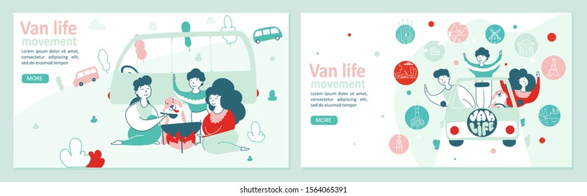 Van life movement hand drawn landing page templates set
