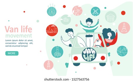 Van life movement. Lifestyle concept family in a dog traveling in a van. Vector illustration in flat style. Comfortable transport. Camping concept, road trip, van life movement. Travel