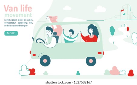 Van life movement. Lifestyle concept family in a dog traveling in a van. Vector illustration in flat style. Comfortable transport. Camping concept, road trip, van life movement. Travel