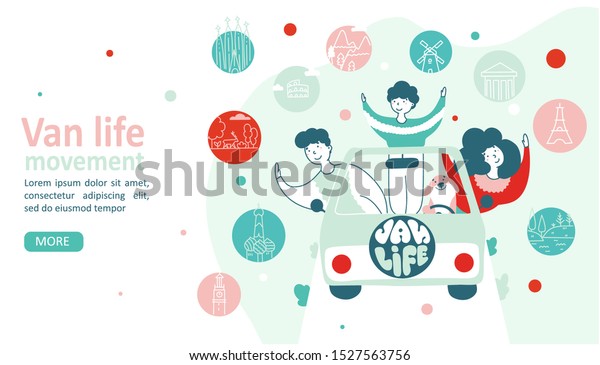 Van\
life movement. Lifestyle concept family in a dog traveling in a\
van. Vector illustration in flat style. Comfortable transport.\
Camping concept, road trip, van life movement.\
Travel