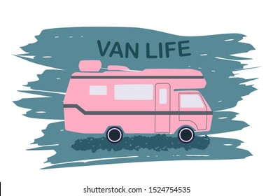 Van life pink camper on brush stroke background. Symbol of free travel. Camper tourism. Vector illustration.