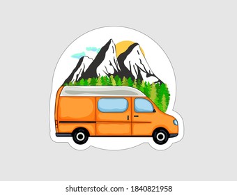 Van Life sticker. Orange van with forest and mountains in the background. Living van life, camping in the nature, travelling. Vector illustration.