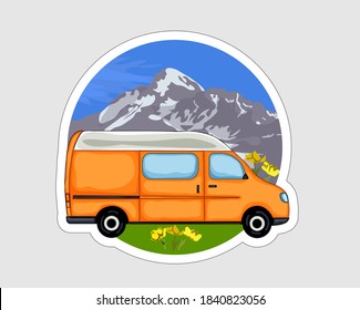 Van Life sticker. Orange van with forest and mountains in the background. Living van life, camping in the nature, travelling. Vector illustration.