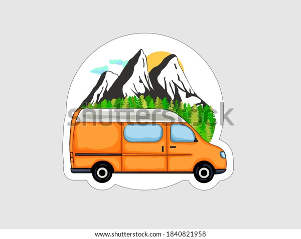Van Life sticker. Orange van with\
forest and mountains in the background. Living van life, camping in\
the nature, travelling. Vector\
illustration.