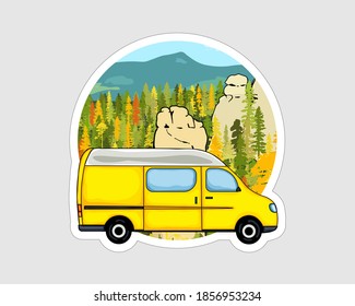 Van life sticker. Sandstone rock formation, forest and the mountains in the background. Colorful Illustration. 