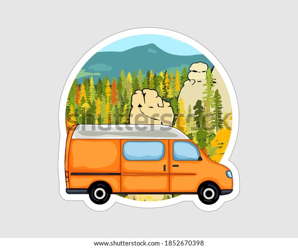 Van life sticker.
Sandstone rock formation, forest and the mountains in the
background. Colorful Illustration.
