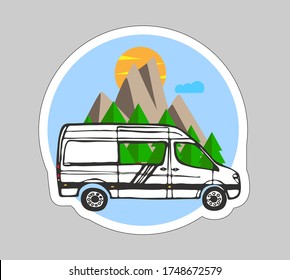 Van Life sticker. White van with forest and mountains in the background. Living van life, camping in the nature, travelling. Vector illustration.