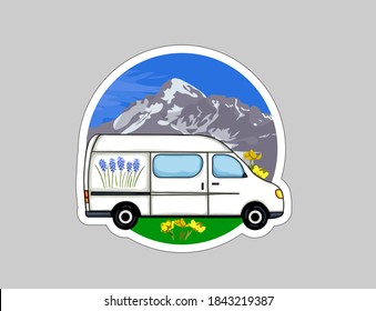 Van Life sticker. White van with  mountains in the background. Living van life, camping in the nature, travelling. Vector illustration.