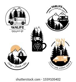 Van life vector logo set. Hand drawn illustration.