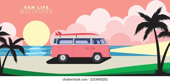 Van life wallpaper. Red Combi with a Surfboard on the road at the beach whit background sunset. Van life vector. vintage retro. traveling by van. Campervan. camper van. camping. motorhome. road trip.