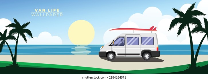 Van Life Wallpaper. Red Van With A Surfboard On The Road On The Beach With Sunset In The Background. Camper Van. Motorhome. Road Trip.