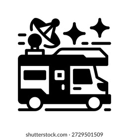 Icono de línea de trabajo de Van Life, símbolo de contorno para oficina nómada, viajes de aventura, empleo móvil, estilo de vida de libertad y viajes de negocios por carretera. Icono de signo de Vector.