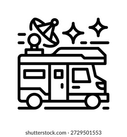 Icono de línea de trabajo de Van Life, símbolo de contorno para oficina nómada, viajes de aventura, empleo móvil, estilo de vida de libertad y viajes de negocios por carretera. Icono de signo de Vector.