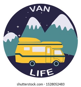 Van life yellow camper with mountain background in round sticker flat cartoon style. Symbol of free travel. Camper tourism. Adventure label. Vector illustration.