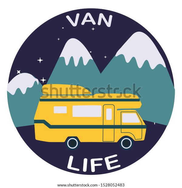 Van life yellow camper with\
mountain background in round sticker flat cartoon style. Symbol of\
free travel. Camper tourism. Adventure label. Vector\
illustration.