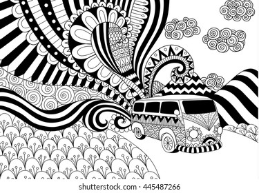 Van line art design for coloring book for adult