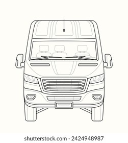 Vista frontal lineal Van. Esbozo de contorno de transporte. Creatividad minimalista y arte. Transporte y entrega. Vehículo y coche. Ilustración de vector plano de contorno aislado sobre fondo blanco