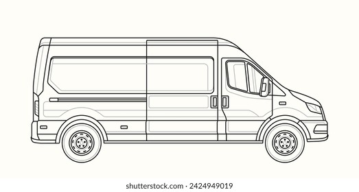 Van linear side view. Contour sketch of transport. Minimalistic creativity and art. Transportation and delivery. Poster or banner. Outline flat vector illustration isolated on white background