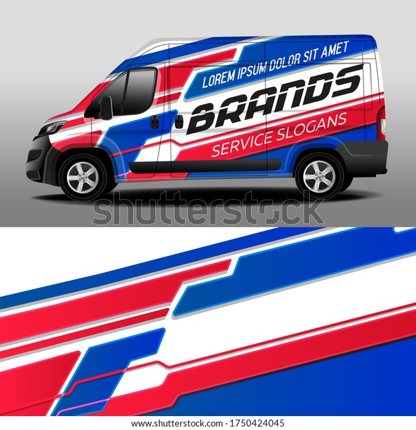Van livery design. Car sticker. Stripes.\
Development of car design for the company. Car branding. Blue-red\
background for car vinyl\
sticker\
