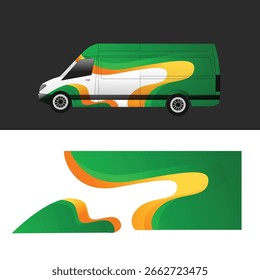 Diseño de librea de Van con una combinación dinámica de colores verde, naranja y blanco  