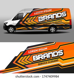 Van livery vector design. Car sticker. Development of car design for the company. Car branding. ORANGE WITH BLACK background for vehicle vinyl sticker
