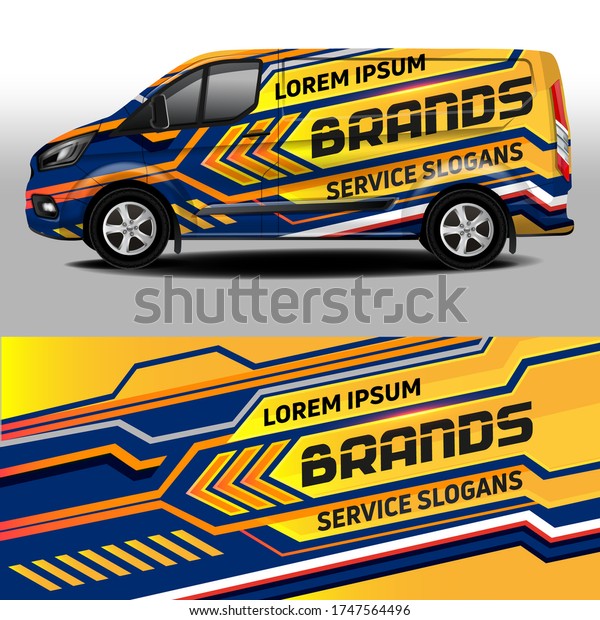 Van livery vector design. Car sticker.\
Development of car design for the company. Car branding. Sports\
yellow-blue background for car vinyl\
sticker\
