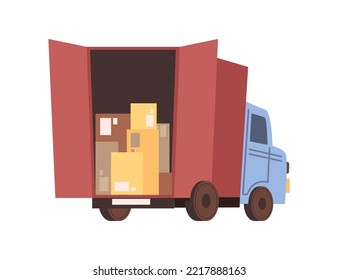 Van Loaded With Parcels, Transportation And International Delivery System. Isolated Vehicle With Boxes And Ordered Goods. Vector In Flat Cartoon Style