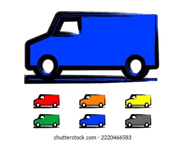 Van Logo für schnelle Zustellung oder Kurierdienst. Vektorgrafik. Grafisches Zeichen - Autosymbol. für Druck. Flaches Symbol. Grunge-Stil.