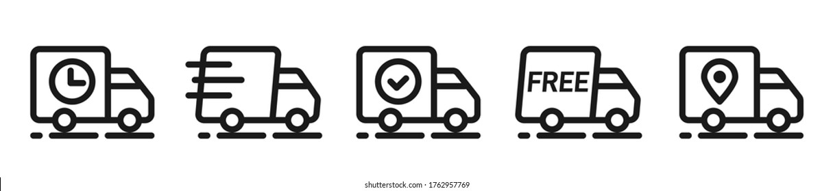 Van, lorry, camion, truck icons. Delivery, shipping service outline, line symbols. Transportation, distribution business icons. Fast, free, on the way, delivered, shipped, confirmed signs. Vector