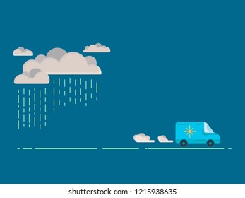 Van. lue van with the image of the sun on board leaving from the rain. Flat vector illustration.